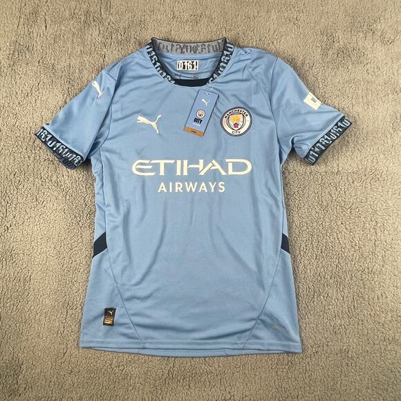 PUMA Men's Small Blue MCFC Polyester Elastane Crew Neck Short Sleeve Home Jersey